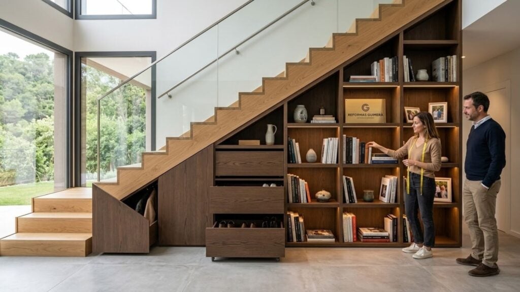 Convierte rincones y bajos de escalera en almacenaje útil. Soluciones de carpintería a medida en Vallvidrera con Reformas Guimerà. ¡Gana metros en tu casa!
