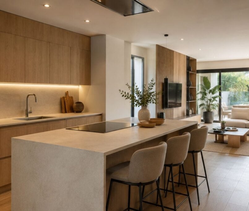 Comparamos isla y península de cocina según espacio, circulación, almacenamiento y forma de vida para elegir la solución más funcional.